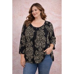 LUCKY BRAND black tan boho top size 1X knit keyhole artisan global indie shirt